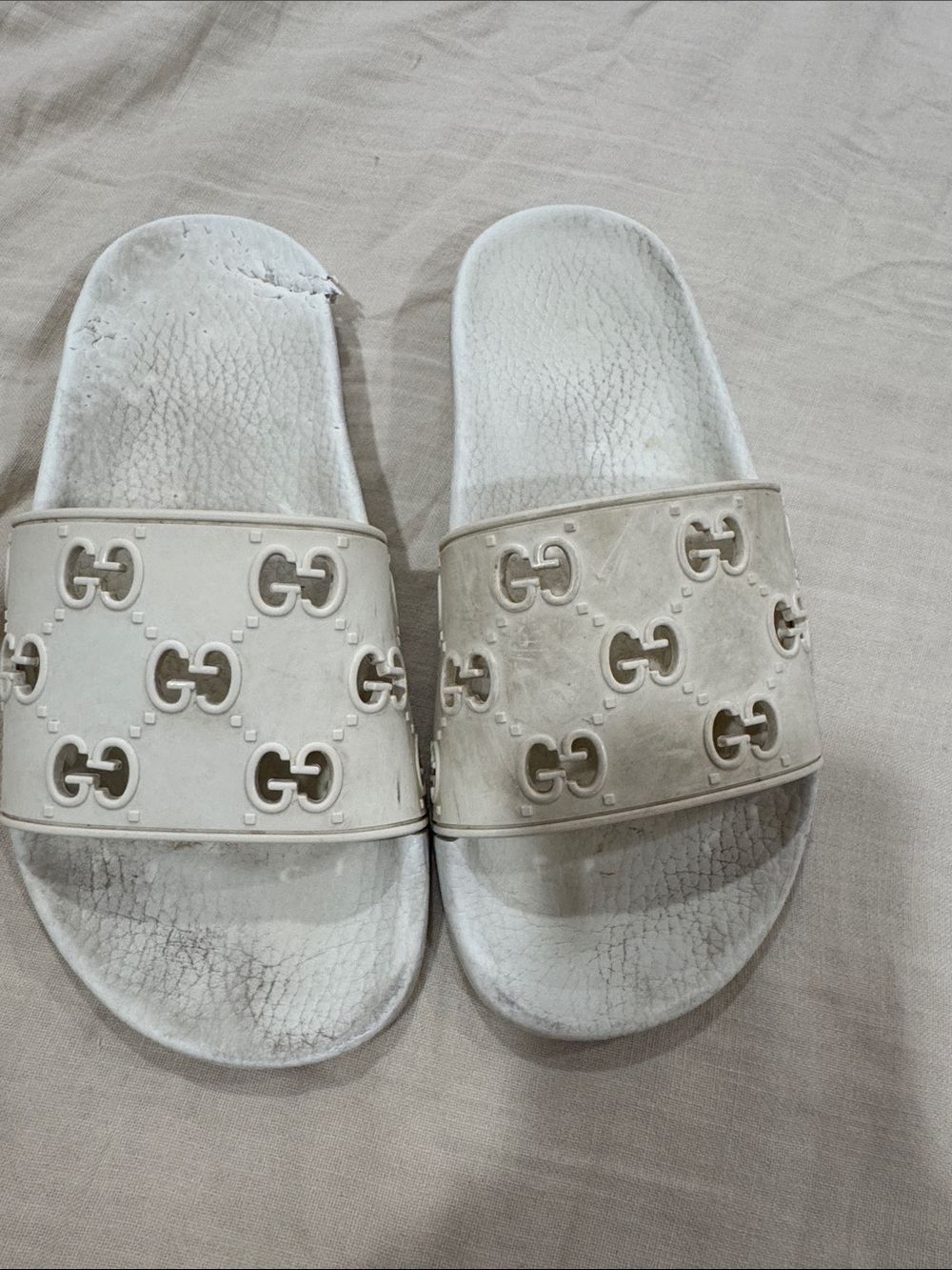 Gucci White GG Embossed Slide Sandals